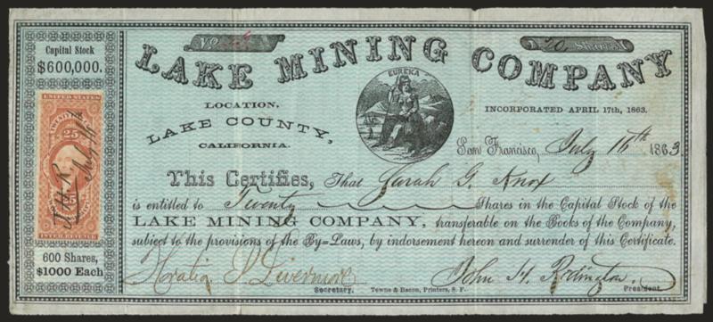 25c Warehouse Receipt, Part Perforated (R50b).> Imperforate at top and bottom, ms. cancel, used on <Lake Mining Company> stock certificate, folds and light stains, Fine