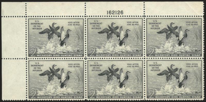 $2.00 1952 Hunting Permit (RW19).> Mint N.H. top left plate no. 162603 block of six, deep rich color, choice centering, few faint natural gum skips, selvage trimmed at top, Extremely Fine