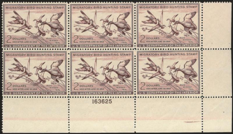 $2.00 1953 Hunting Permit (RW20).> Mint N.H. bottom right plate no. 163625 block of six, rich color, Very Fine and choice, a pretty Mint N.H. plate block