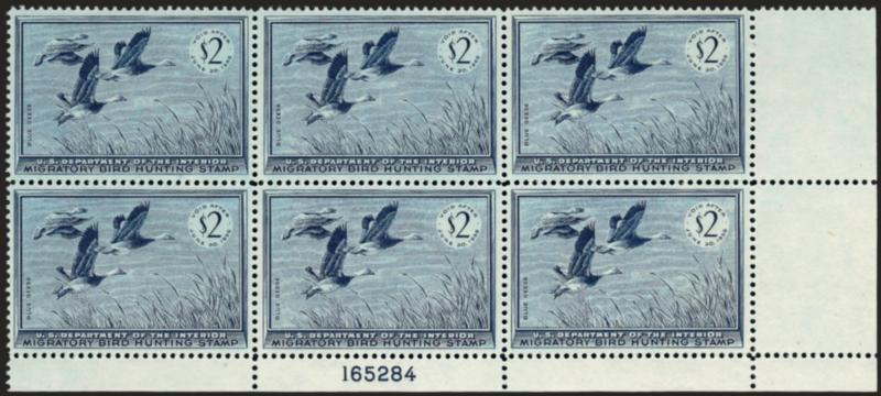 $2.00 1955 Hunting Permit (RW22).> Mint N.H. bottom right plate no. 165284 block of six, rich color, well-balanced margins, fresh and Extremely Fine