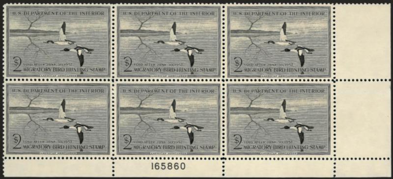 $2.00 1956 Hunting Permit (RW23).> Mint N.H. bottom right plate no. 165860 block of six, detailed impression, unusually choice centering, Extremely Fine