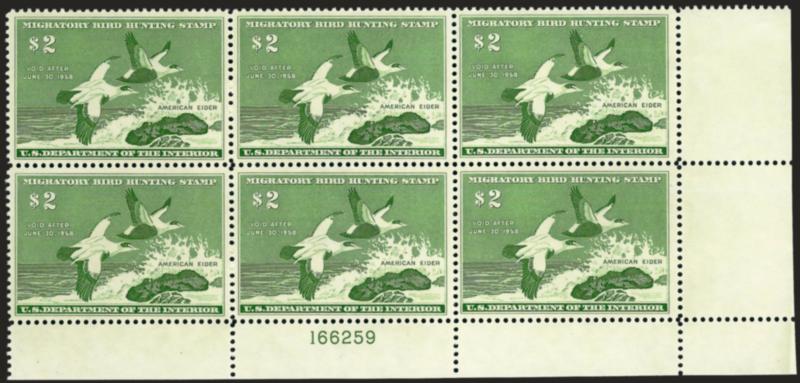 $2.00 1957 Hunting Permit (RW24).> Mint N.H. bottom right plate no. 166259 block of six, bright shade, choice centering, Extremely Fine