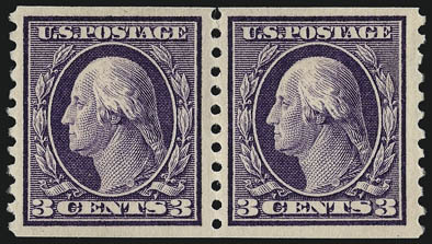 3c-5c 1914 Issue Coils (445-447).> Pairs, lightly hinged, deep rich colors, Very Fine