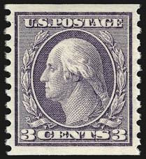 1c-5c 1914-16 Issue Coils (448, 450-458).> Lightly hinged, virtually all with exceptionally nice wide imperforate margins, Very Fine-Extremely Fine, No. 453 with 1991 P.F. certificate, No. 456 photocopy of
1988 P.F. certificate for pair (left stamp)
