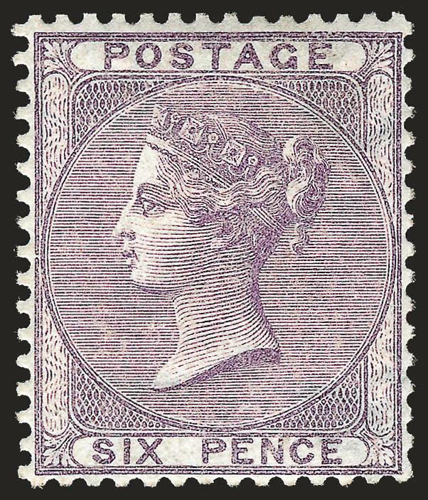 GREAT BRITAIN, 1856, 6p Lilac (27 SG 70).> Original gum, remarkably well-centered, Very Fine and choice, with 1994 P.F. certificate, SG £1,000