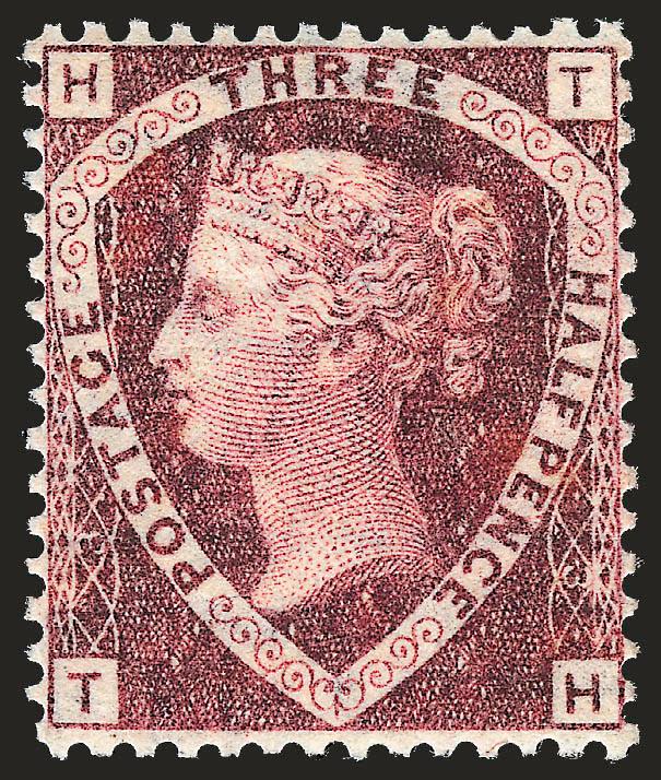 GREAT BRITAIN, 1870, 1-12p Lake Red (32a SG 52).> Plate 3, typical crackly original gum (smooth gum would be a sign of regumming), incredibly well-centered, Extremely Fine, with 1991 P.F. certificate, SG
£400