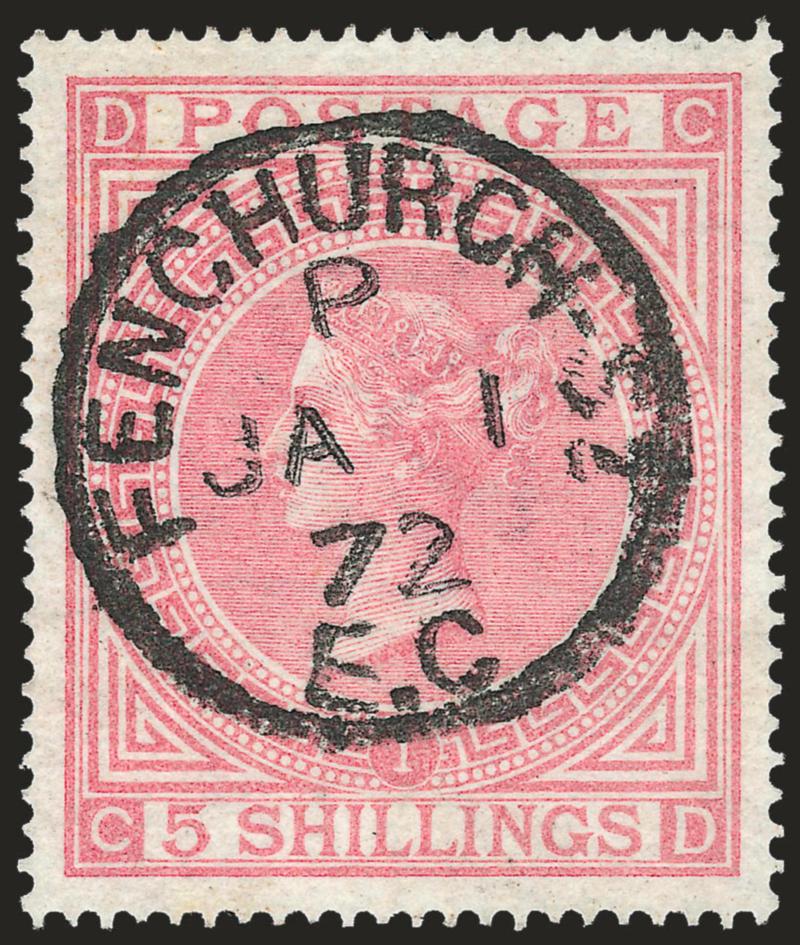 GREAT BRITAIN, 1867, 5sh Pale Rose (57a SG 127).> Plate 1, incredibly well-centered, fresh color and bold Fenchurch EC. JA 1, 1872 circular datestamp, Extremely Fine, SG £600