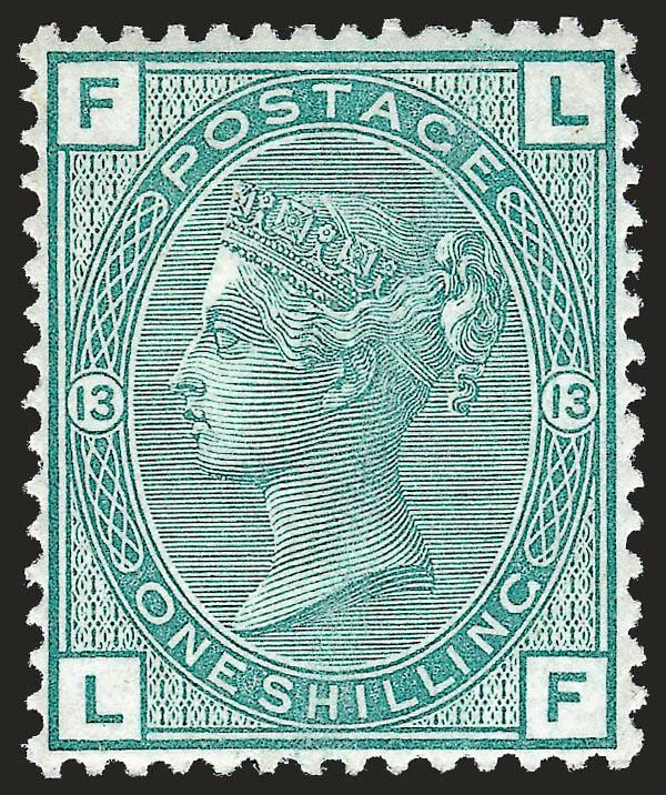 GREAT BRITAIN, 1873, 1sh Pale Green (64 SG 150).> Plate 13, original gum, lightly hinged with vivid color, perfectly centered, Extremely Fine Gem, SG £500