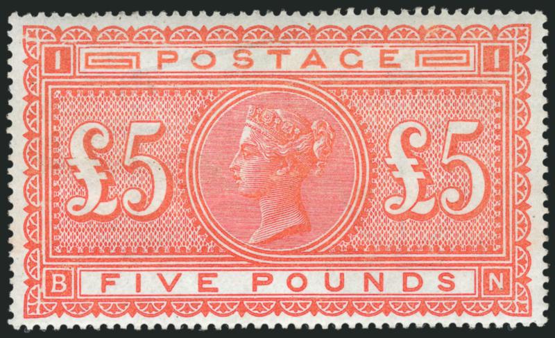 GREAT BRITAIN, 1882, £5 Bright Orange (93 SG 137).> Original gum, barest trace of hinging and a minimal amount of natural gum creasing that habitually affects this large format stamp, magnificent color and
centering<><>^EXTREMELY FINE. A TRULY OUT