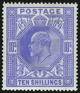 GREAT BRITAIN, 1902-11, 2sh6p-10sh Edward VII (139-141 SG 260, 263, 265).> Fresh and well-centered, 5sh h.r. and natural gum bend, Extremely Fine, SG £1,275