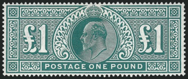 GREAT BRITAIN, 1902-11, £1 Blue Green (142 SG 266).> Fairly light hinging, incredibly fresh and bright, well-centered, Very Fine and choice, SG £1,750