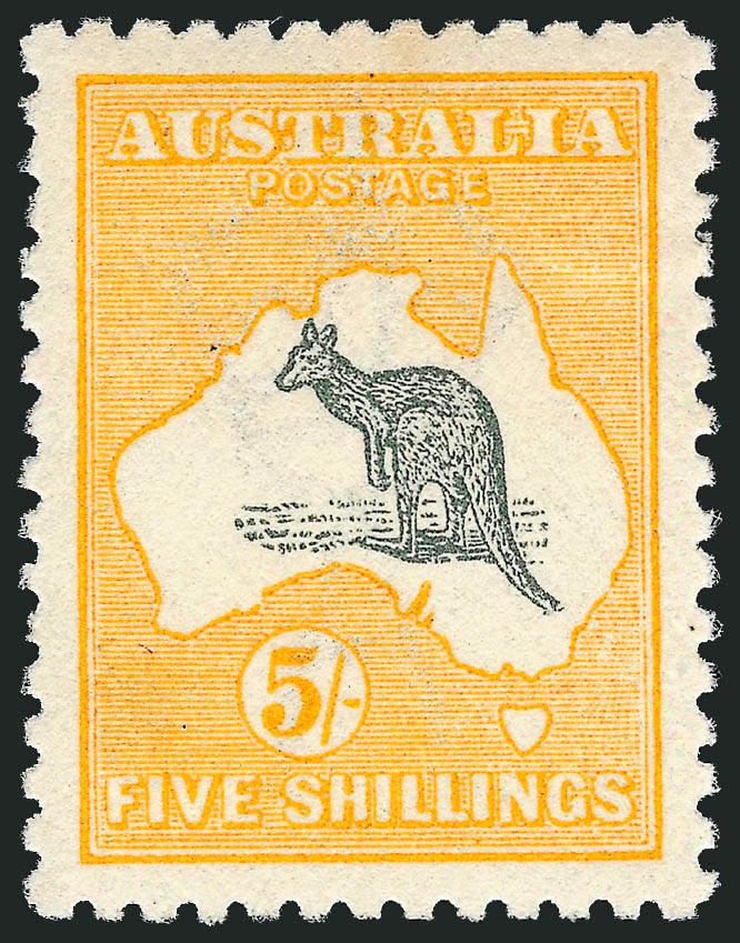 AUSTRALIA, 1915, 5sh Yellow & Gray (44 SG 30).> Magnificent margins and centering, bright colors, Extremely Fine, SG £700