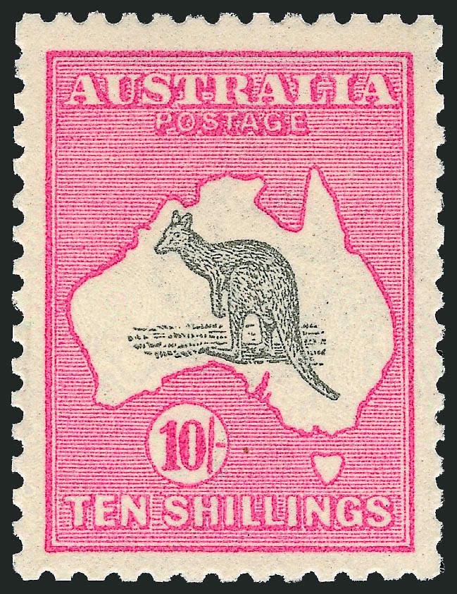 AUSTRALIA, 1917, 10sh Bright Pink & Gray (55 SG 43).> Well-centered, barest trace of hinging, lovely colors, Very Fine and choice, SG £450