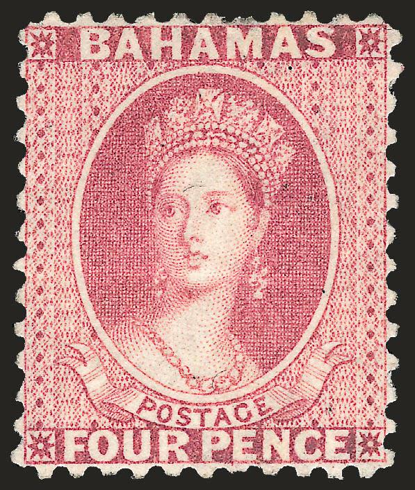 BAHAMAS, 1882, 4p Rose (21 SG 41).> Original gum, h.r., incredibly well-centered, bright color, Extremely Fine, with 1990 B.P.A. certificate stating small part original gum, the gum is far more complete than
indicated, SG £550