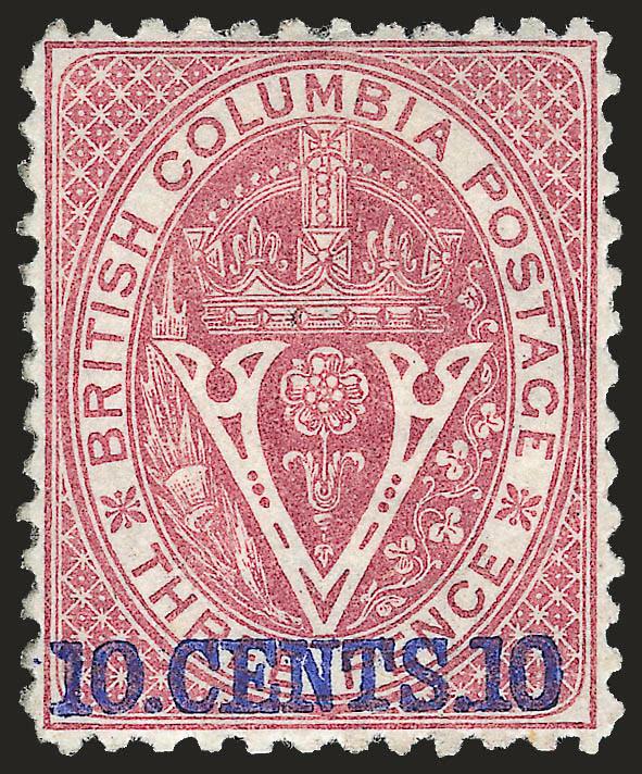 BRITISH COLUMBIA & VANCOUVER ISLAND, 1869 10c on 3p Lilac Rose (15 SG 24).> Original gum, lightly hinged, beautifully centered and lovely color, Extremely Fine, with 1990 B.P.A. certificate stating large part
original gum, in actuality the gum is