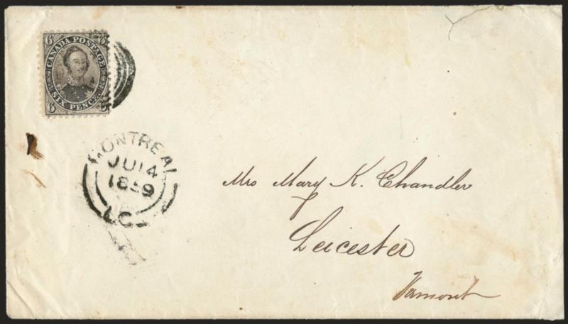CANADA, 1859, 6p Brown Violet, Perf 12 (13).> Choice centering for this tightly-spaced issue with top perfs just touching and perfs at right ever so barely into frameline, excellent color, tied by target,
Montreal JU 14, 1859 double-circle datestam