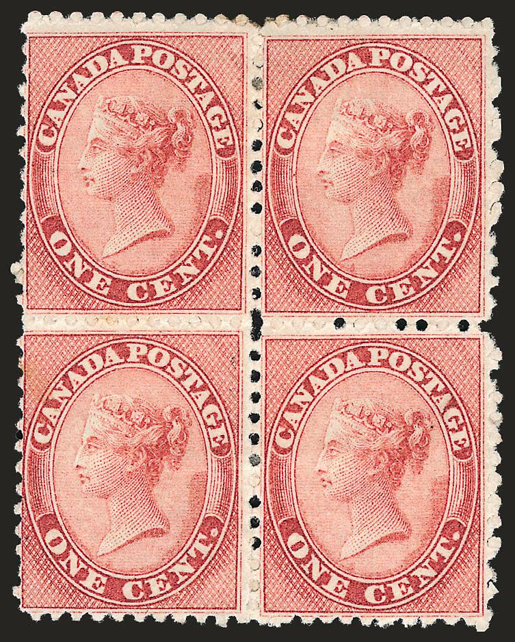 CANADA, 1859, 1c Rose (14).> Block of four, original gum, fresh color, Fine, very scarce multiple, Scott Retail as four original gum singles