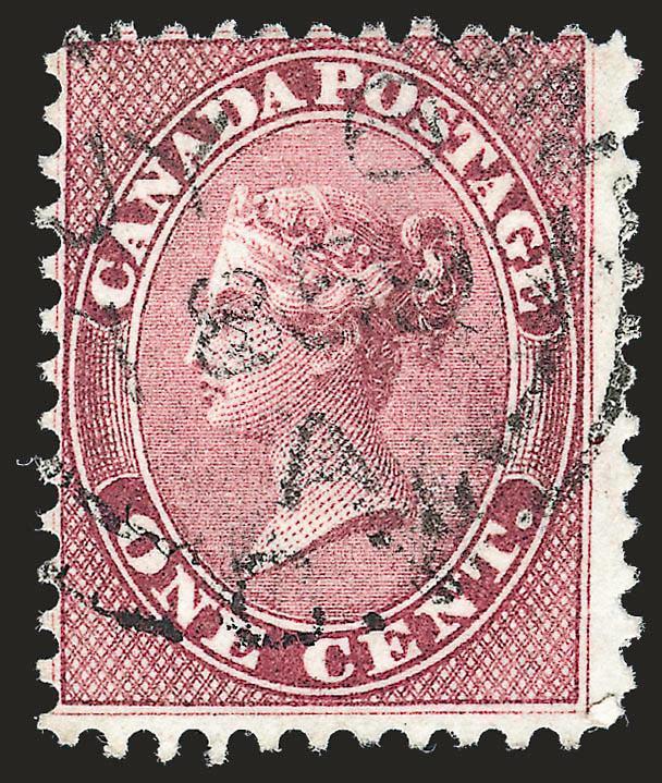 CANADA, 1859, 1c Deep Rose, Perf 11-34 (14b).> Average centering, strong color, readable Montreal JY 6, 1859 circular datestamp, <this is the earliest known date of use for this stamp> which was issued July 1,
1859, Scott retail as ordinary used s