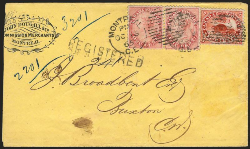 CANADA, 1859, 1c Rose, 5c Vermilion (14-15).> Horizontal pair of former, single of latter, tied by 1865 Montreal rimless grid duplex circular datestamp on yellow <registered> cover with merchants corner card,
the 2c paying the registry fee and the 5