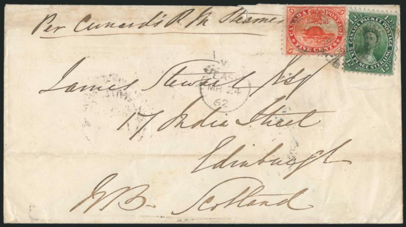 CANADA, 1859, 5c Vermilion, 12-12c Green (15, 18).> Single of each tied by target on 1862 cover <to Edinburgh, Scotland,> ms. Per Cunards R.M. steamer routing instruction, cover file fold and tiny edge nick,
otherwise Very Fine, scarce -12c over