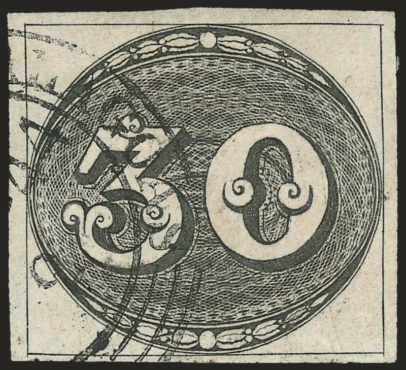 BRAZIL, 1843, 30r Black (1).> Early impression, ample to large margins, double-circle datestamp, Very Fine, signed H. Bloch and with 1984 P.F. certificate