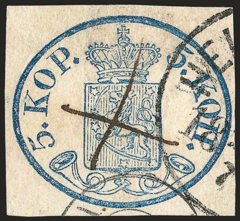 FINLAND, 1856-58, 5k Blue (1).> Large margins, ms. X and partial Helsingors circular datestamp, Very Fine, signed H. Bloch and A. Brun and with 1998 L. Nielsen certificate