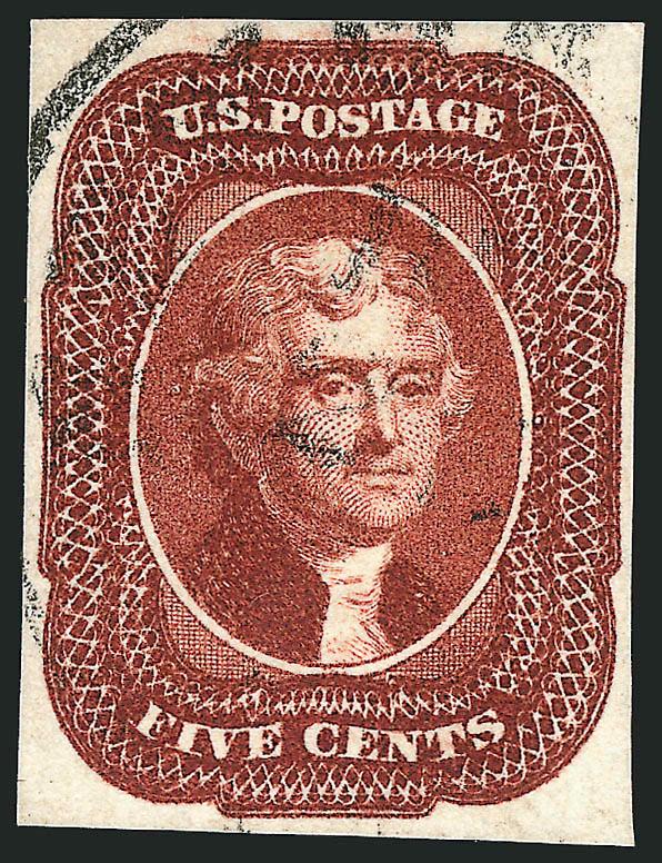 5c Red Brown (12).> Large even margins all around, gorgeous warm color from what must be an early printing, unobtrusive strike of circular datestamp cancel leaves entire design clearly visible<><>^EXTREMELY FINE
GEM. A SUPERB USED EXAMPLE OF THE 5-
