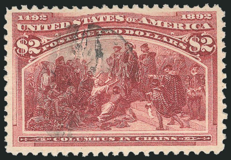 $2.00 Columbian (242).> Choice centering with wide margins, intense shade and impression, lightly-struck cancel leaves design clearly visible<><>^FRESH AND EXTREMELY FINE. A BEAUTIFUL USED EXAMPLE OF THE $2.00
COLUMBIAN ISSUE.^<><>With 1990 and 2