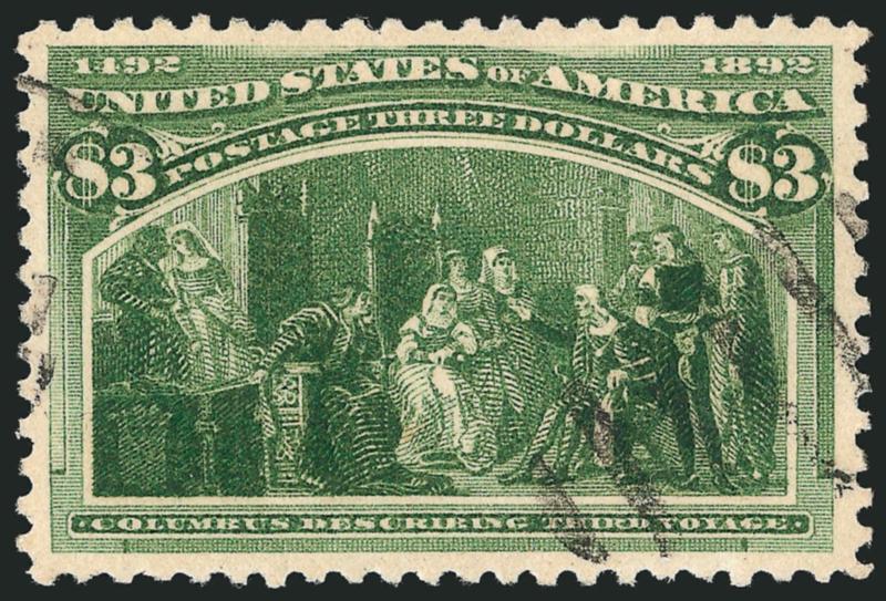 $3.00 Columbian (243).> Deep rich color, proof-like impression, choice centering with well-proportioned margins, open grid cancel<><>^EXTREMELY FINE. A BEAUTIFUL LIGHTLY-CANCELLED USED EXAMPLE OF THE $3.00
COLUMBIAN ISSUE.^<><>With 1989 and 2005