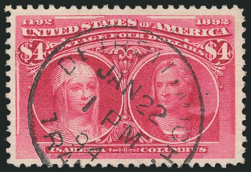$4.00 Columbian (244).> Brilliant color, choice centering with well-proportioned margins, neat strike of Detroit Mich. Jan. 22, 1894 cancel<><>^EXTREMELY FINE. A BEAUTIFUL USED EXAMPLE OF THE $4.00 COLUMBIAN
ISSUE.^<><>With 1989 P.F. certificat