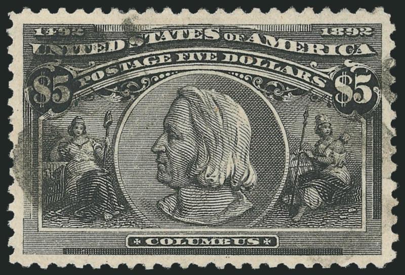 $5.00 Columbian (245).> Choice centering with wide and balanced margins, crisp impression, face-free cork cancel<><>^EXTREMELY FINE. A BEAUTIFUL USED EXAMPLE OF THE $5.00 COLUMBIAN ISSUE.^<><>With 1985 and 2007
P.F. certificates (XF 90 SMQ $3,10