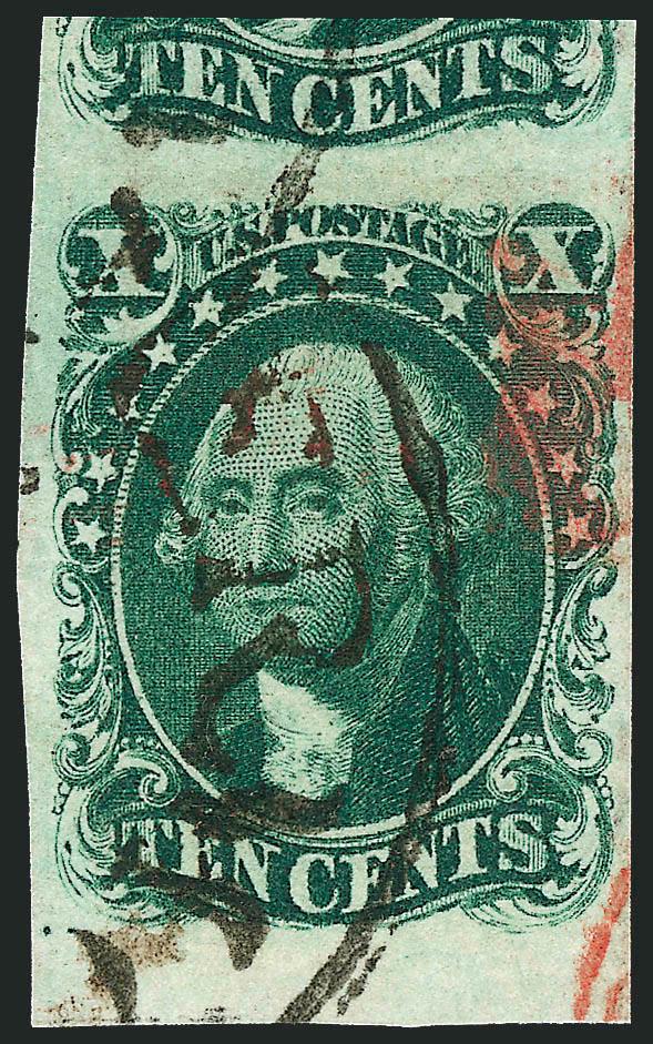 10c Green, Ty. I (13).> Enormous margins incl. <sheet margin at bottom> and significant portion of adjoining stamp at top, deep rich color, bold strikes of circular datestamp as well as trace of red transit at
bottom right and also part of <red numer