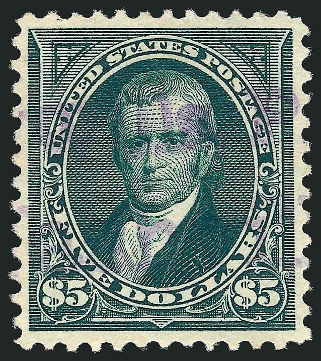 $5.00 Dark Green (278).> Perfectly centered with wide and balanced margins, deep rich color and proof-like impression on bright paper, unobtrusive strike of <purple> cancel, <><>^EXTREMELY FINE GEM. A SUPERB
USED EXAMPLE OF THE 1895 $5.00 WATERMARK