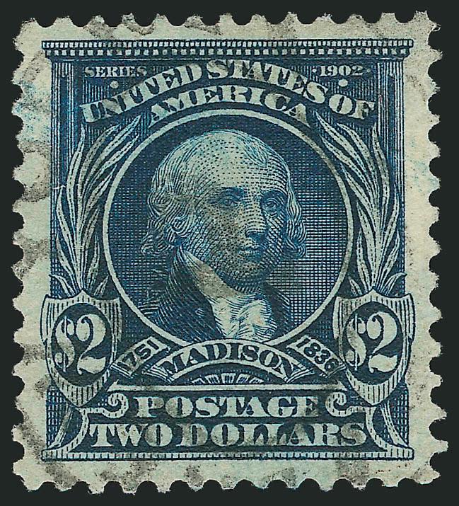 $2.00 Dark Blue (312).> Intense color and proof-like impression, choice centering with wide margins all around, unobtrusive cancel<><>^EXTREMELY FINE GEM. A SUPERB USED EXAMPLE OF THE $2.00 1902 ISSUE, WHICH HAS
BEEN GRADED XF-SUPERB 95 JUMBO BY P.