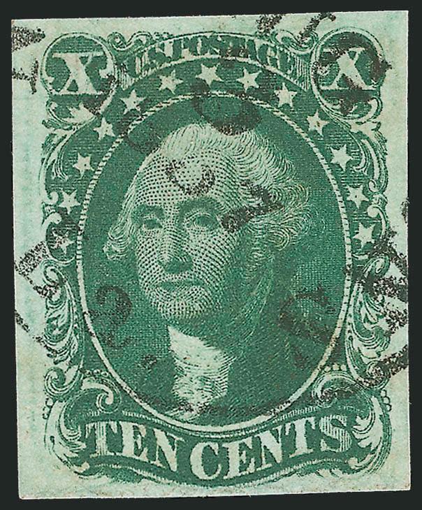 10c Green, Ty. IV (16).> Position 74L1, large balanced margins, deep rich color and detailed impression, neat strike of New Orleans La. Aug. 3, 1857 circular datestamp<><>^EXTREMELY FINE. A SUPERB EXAMPLE OF THE
1855 10-CENT TYPE IV IMPERFORATE.^