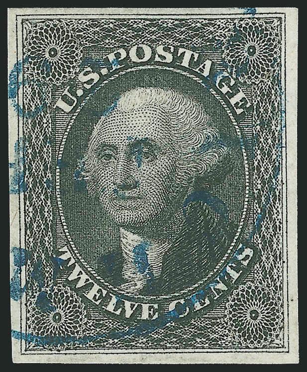 12c Black (17).> Huge margins all around, intense shade on bright paper, gorgeous impression, neat <blue circular datestamp><><>^EXTREMELY FINE GEM. A WONDERFUL LARGE-MARGINED EXAMPLE OF THE 12-CENT 1851 ISSUE
WITH A BLUE CIRCULAR DATESTAMP CANCELL