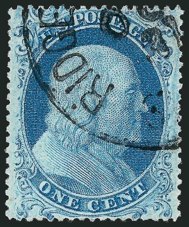 1c Blue, Ty. I (18).> Radiant color, choice centering with wide and balanced margins, well-struck Oct. 31 circular datestamp<><>^EXTREMELY FINE. A BEAUTIFUL USED EXAMPLE OF THE PERFORATED 1857 ONE-CENT TYPE
I.^<><>With 1983 and 2003 P.F. and 2005