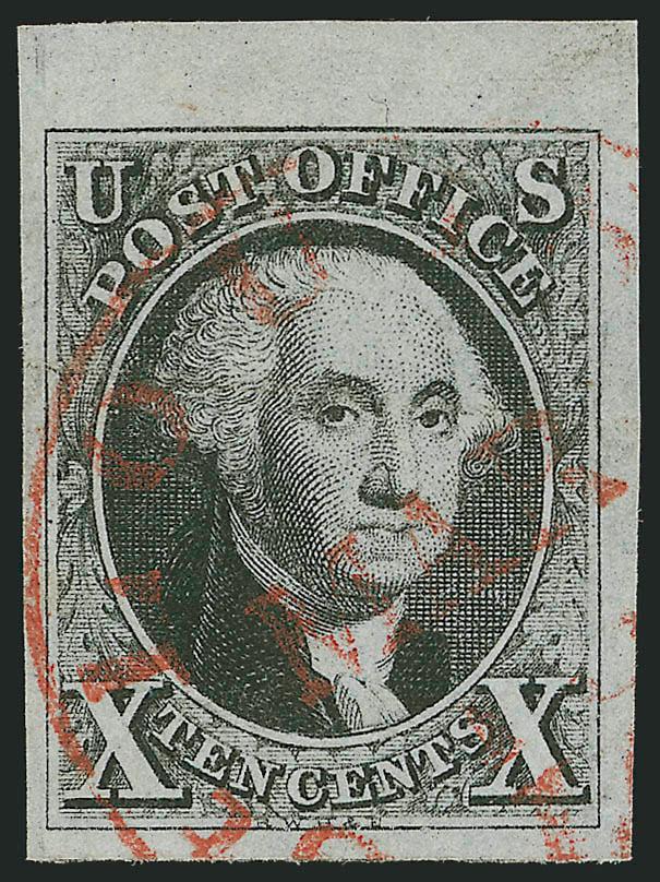 10c Black (2).> Huge margins all around incl. <wide sheet margin at top,> bright shade and crisp impression, unobtrusive strike of <red> St. Louis circular datestamp leaves entire design clearly
visible<><>^EXTREMELY FINE GEM. A SUPERB TOP SHEET-MA