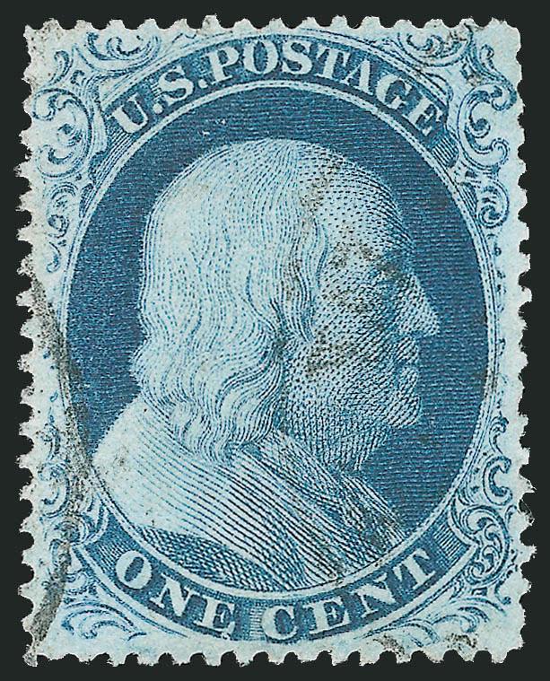 1c Blue, Ty. III (21).> Deep rich Plate 4 color on bright paper, almost perfectly centered with clear breaks at top and at bottom, light circular datestamp cancels<><>^EXTREMELY FINE GEM. THE 1857 ONE-CENT TYPE
III PERFORATED ISSUE IS RARE IN THIS
