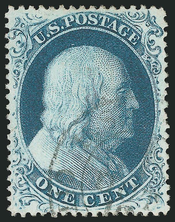 1c Blue, Ty. IIIa (22).> Plate 4, perfectly centered showing wide break at top, rich color on bright paper, light strike of <New York U.S. Mail carrier datestamp> cancel leaves design and type characteristics
clearly visible<><>^EXTREMELY FINE GE