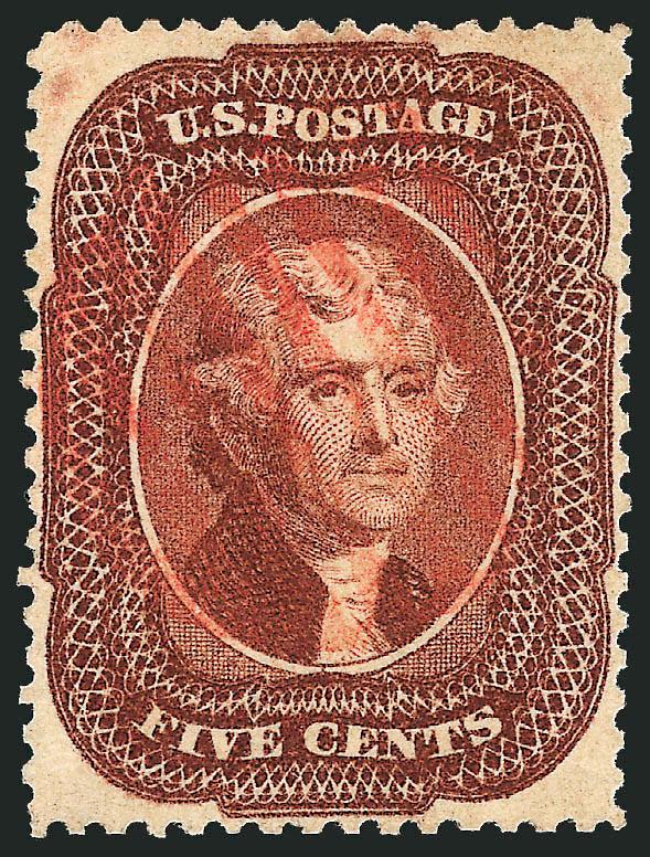5c Red Brown (28).> Brilliant color in the 1856 shade, unusually choice centering with perforations comfortably clear of the outer projections of the design on all four sides, light strike of <red grid>
cancel<><>^EXTREMELY FINE. A STUNNING USED EX