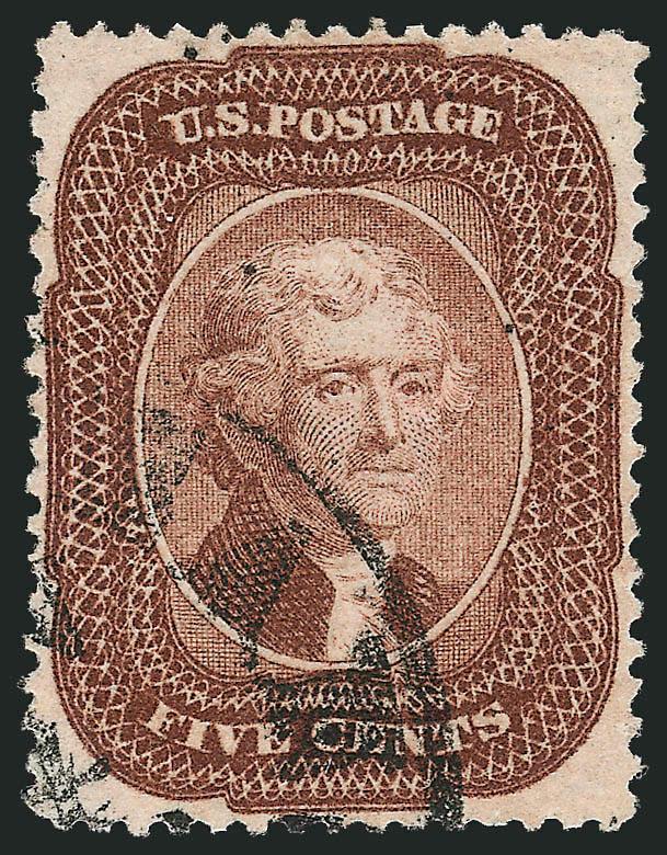 5c Brown (29).> Unusually choice centering with wide and balanced margins, bright color, long and full perforations all around, virtually face-free strike of New Orleans circular datestamp<><>^EXTREMELY FINE. A
BEAUTIFUL USED EXAMPLE OF THE 1857 5-