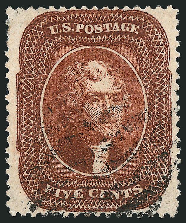 5c Orange Brown, Ty. II (30).> Remarkably well-centered with unusually wide margins at sides and with design completely clear at top and bottom, deep rich color, light face-free grid cancel<><>^EXTREMELY FINE. A
WONDERFUL EXAMPLE OF THE 1861 5-CENT
