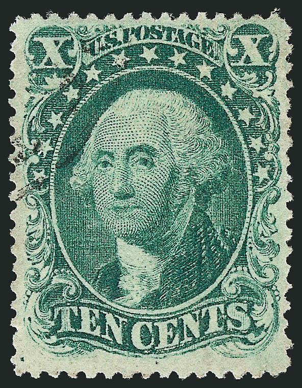 10c Green, Ty. I (31).> Choice centering with unusually wide margins, extra wide margin at bottom (from the bottom of the sheet) which leaves plenty of room around the type characteristics, pretty shade, light
cancel at top left leaves entire design