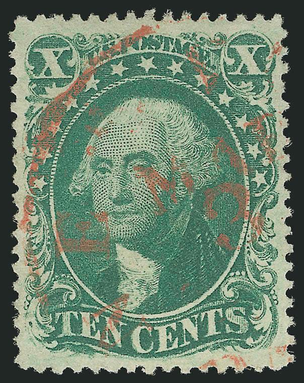 10c Green, Ty. II (32).> Wide and balanced margins, deep rich color and detailed impression, <red town datestamp,> Extremely Fine Gem, a magnificent stamp combining color, impression and a colored cancel, with
2004 P.F. certificate