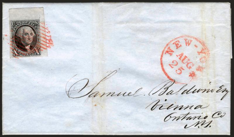 10c Black (2).> Position 10L, huge margins all around incl. <enormous top right corner margins,> 3-4mm at right and 8mm at top, intense early impression, tied by red square grid, matching New-York Aug. 25 circular
datestamp on blue 1847 folded lett
