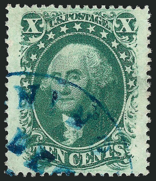 10c Green, Ty. V (35).> Choice centering with enormous balanced margins at sides, radiant color, bold strike of <blue circular datestamp,> fresh and Extremely Fine, with 1989 P.F. certificate