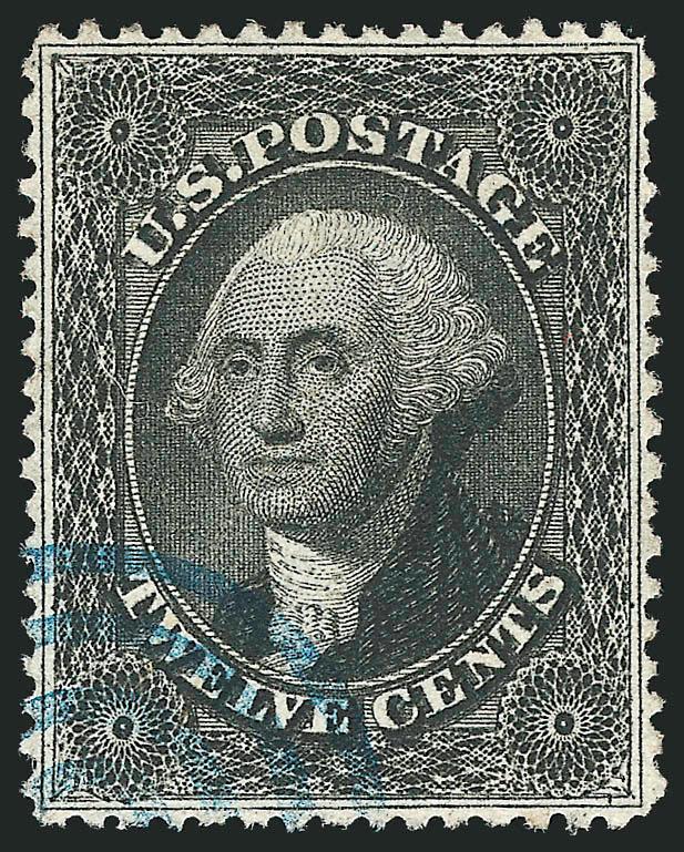12c Black (36).> Intense shade and proof-like impression, perfectly centered with perforations clear of design on all sides, face-free strike of <blue target> cancel<><>^EXTREMELY FINE GEM. A SUPERB EXAMPLE OF
THE 12-CENT 1857 ISSUE FROM PLATE 1. T