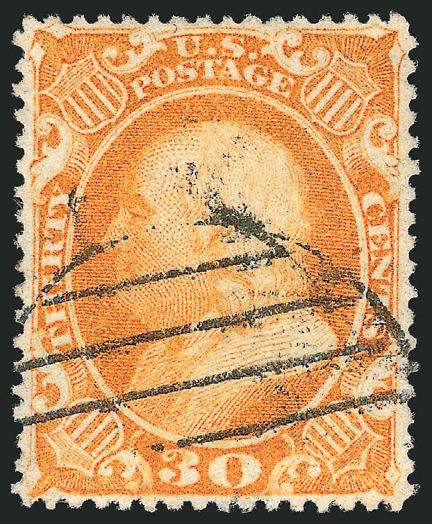 30c Orange (38).> Vibrant color as fresh as the day it was printed, unusually choice centering for this difficult issue, neat strike of Boston large Paid grid cancel<><>^EXTREMELY FINE GEM. A GORGEOUS USED
EXAMPLE OF THE 30-CENT 1860 ISSUE WHICH