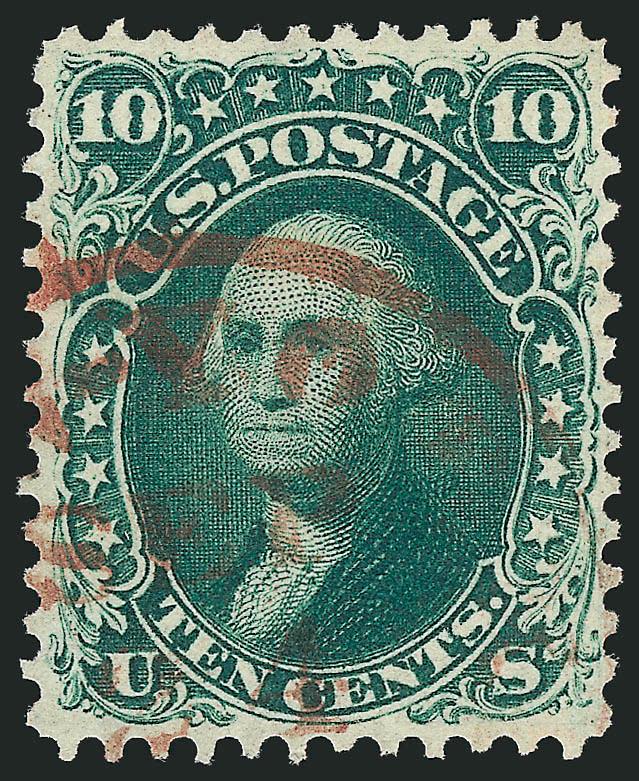 10c Dark Green, First Design (62B).> Choice centering with wide and even margins, deep rich color and proof-like impression beautifully complemented by <red> New York circular datestamp, long and full
perforations all around<><>^EXTREMELY FINE GEM.